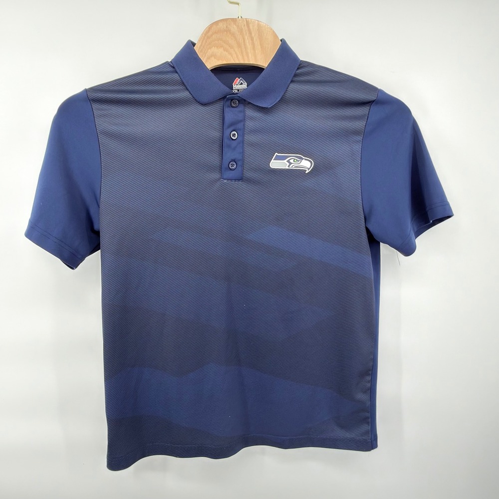 Majestic Polo Mens Large Navy Blue Seattle Seahawks NFL CoolBase Short Sleeve